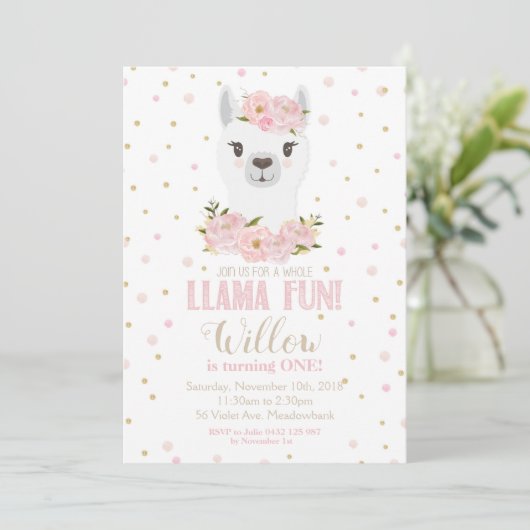 Llama Verjaardag Uitnodiging Blush Bloemen Meisje (Staand voorkant)