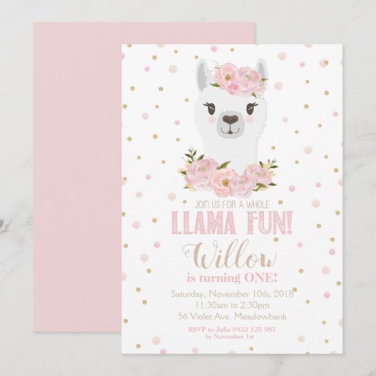 Llama Verjaardag Uitnodiging Blush Bloemen Meisje (Voorkant / Achterkant)