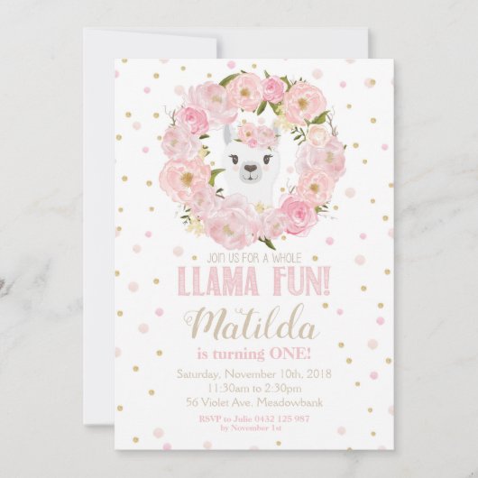 Llama Verjaardag Uitnodiging Blush Bloemen Meisje (Voorkant)