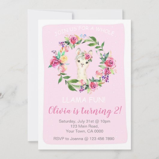 Llama Verjaardag Uitnodiging voor een Meisje (Voorkant)