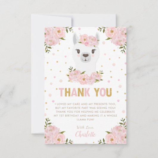 Llama Verjaardagsfeest Blush Roze Bloemen Bedankkaart (Voorkant)