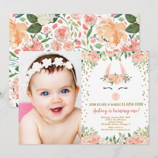 Llama-verjaardagsfeest, florele schattige lama-fot kaart (Voorkant / Achterkant)