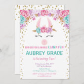 Llama verjaardagsfeest, roze gouden blauwgroen blo kaart (Voorkant / Achterkant)