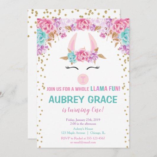 Llama verjaardagsfeest, roze gouden blauwgroen blo kaart (Voorkant / Achterkant)