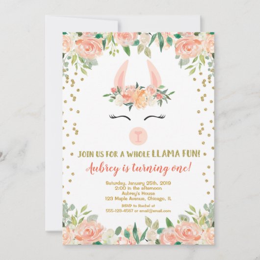 Llama verjaardagsfeestje, bloemengoud glitter meis kaart (Voorkant)