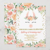 Llama verjaardagsfeestje, bloemengoud glitter meis kaart (Voorkant / Achterkant)