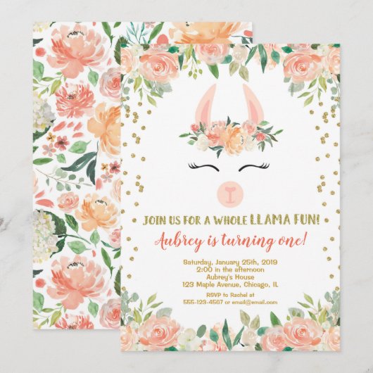 Llama verjaardagsfeestje, bloemengoud glitter meis kaart (Voorkant / Achterkant)