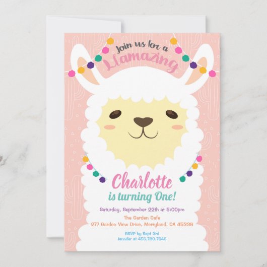 Llama-verjaardagsuitnodiging. Roze alpaca-uitnodig Kaart (Voorkant)