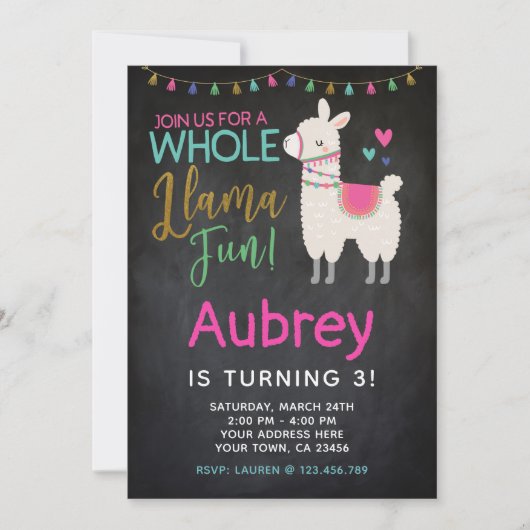 Llama verjaardagsuitnodiging - schoolbord kaart (Voorkant)