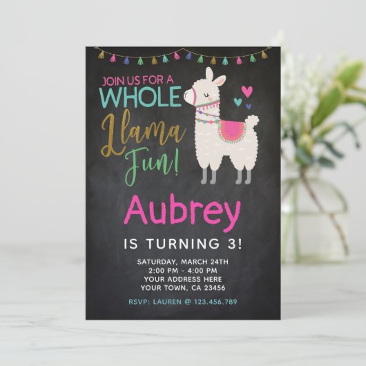 Llama verjaardagsuitnodiging - schoolbord kaart (Staand voorkant)