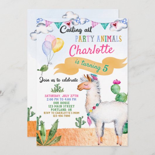 Llama verjaardaguitnodiging Alpaca uitnodiging (Voorkant / Achterkant)