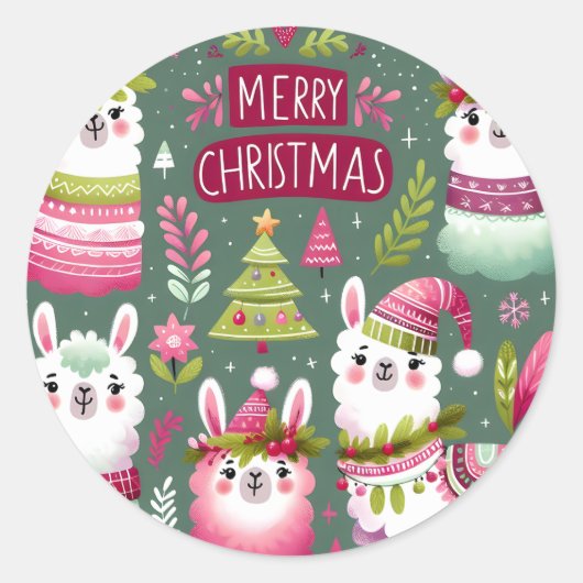 Llama Vrolijk Kerstfeest Ronde Sticker (Voorkant)