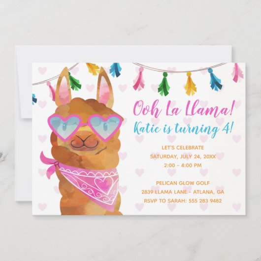 Llama Wearing Sunbril Birthday Party Invitation Kaart (Voorkant)