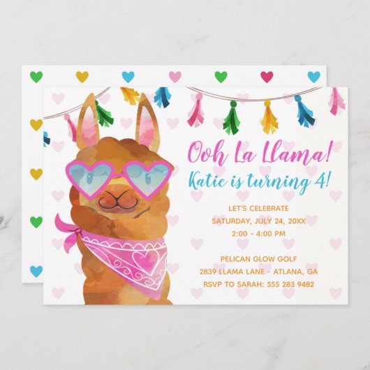 Llama Wearing Sunbril Birthday Party Invitation Kaart (Voorkant / Achterkant)