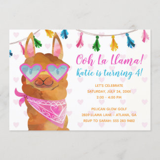 Llama Wearing Sunbril Birthday Party Invitation Kaart