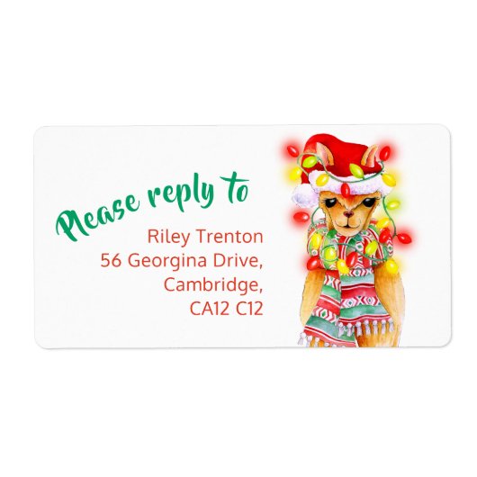 Llama whimsy waterverf kerst antwoord etiket (Voorkant)
