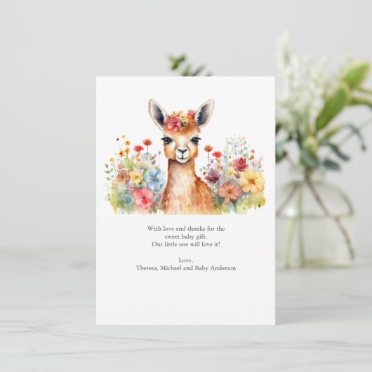 Llama Wildflower Baby shower Dank u kaart (Staand voorkant)