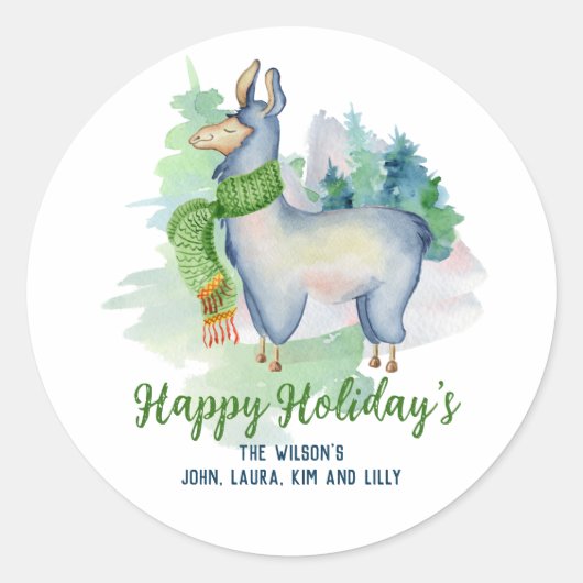 Llama Wreath Waterverf Prettige feestdagen Aangepa Ronde Sticker (Voorkant)