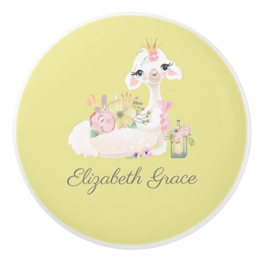 Llama Yellow en White met Flowers Baby Keramische Knop (Voorkant)