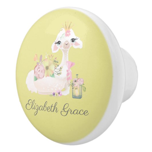 Llama Yellow en White met Flowers Baby Keramische Knop (Rechts)