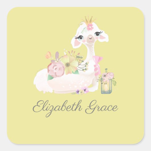 Llama Yellow en White met Flowers Baby Vierkante Sticker (Voorkant)