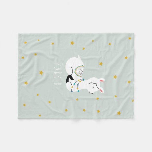 Llama Yellow Stars Blue Fleece Blanket (Voorkant (Horizontaal))