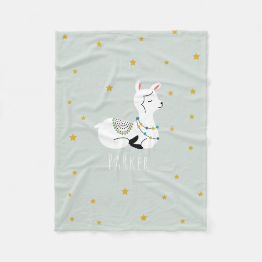Llama Yellow Stars Blue Fleece Blanket (Voorkant)