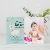 Llama zegt gewoon verjaardagsfeestfoto bedankkaart (Staand voorkant)