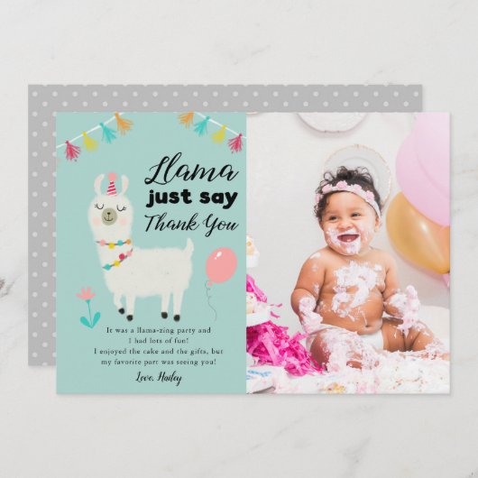Llama zegt gewoon verjaardagsfeestfoto bedankkaart (Voorkant / Achterkant)