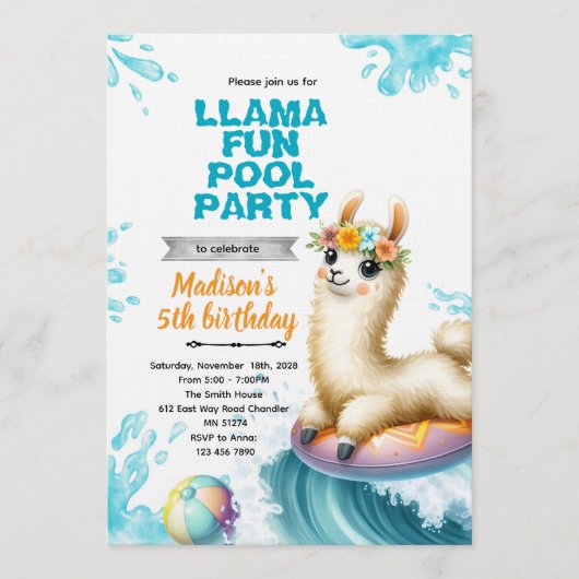 Llama zwembadfeest uitnodiging (Voorkant)