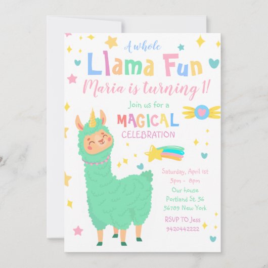 Llamacorn Magical Llama Birthday Invitation Kaart (Voorkant)