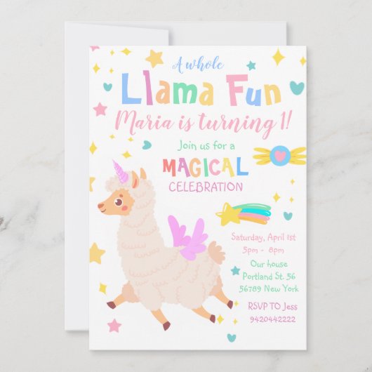 Llamacorn Magical Unicorn Birthday Invitation Kaart (Voorkant)