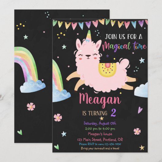Llamacorn verjaardagsuitnodiging Magische verjaard Kaart (Voorkant / Achterkant)