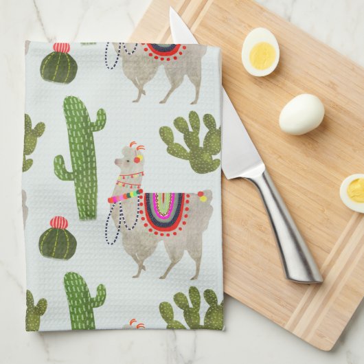 Llamarama Collectie | Cactus & Llama Pattern Theedoek (Quarter Fold)