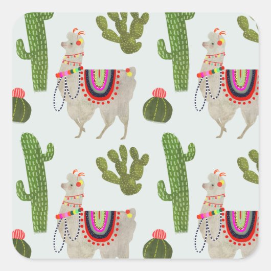 Llamarama Collectie | Cactus & Llama Pattern Vierkante Sticker (Voorkant)