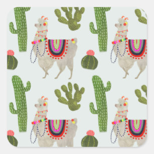 Llamarama Collectie   Cactus & Llama Pattern Vierkante Sticker