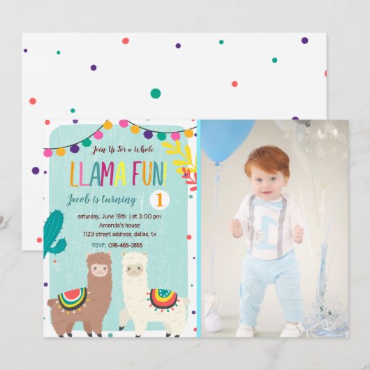 Llamas Blue Birthday Invitation met foto Kaart (Voorkant / Achterkant)