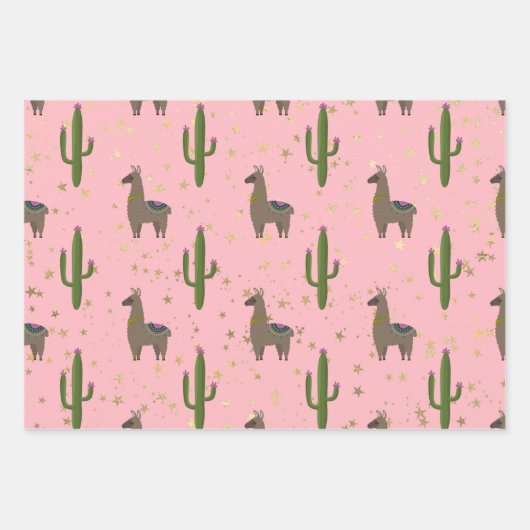Llamas, Cactus en Stars op Roze Inpakpapier Vel (Voorkant 2)