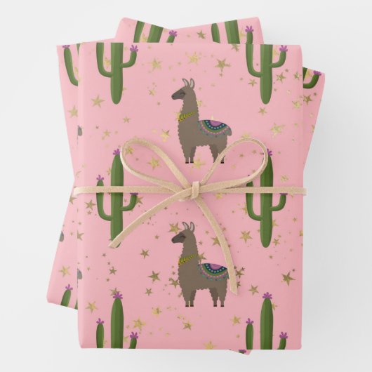 Llamas, Cactus en Stars op Roze Inpakpapier Vel (In situ)