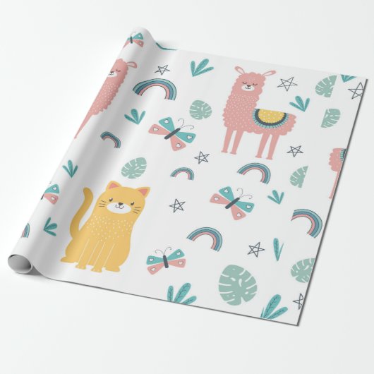 Llamas Cats Alapaca roze Girly Animals Boho Cadeaupapier (Uitgerold)