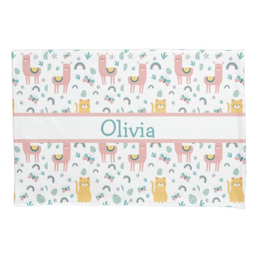 Llamas Cats Alapaca roze naam Animals Boho Kussensloop (Voorkant)