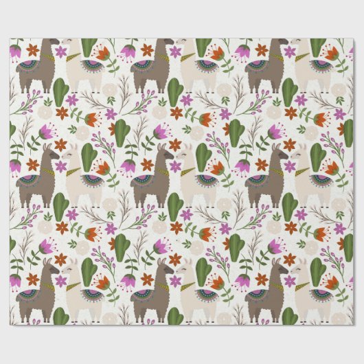 Llamas en Cactus on White Cadeaupapier (Vlak)