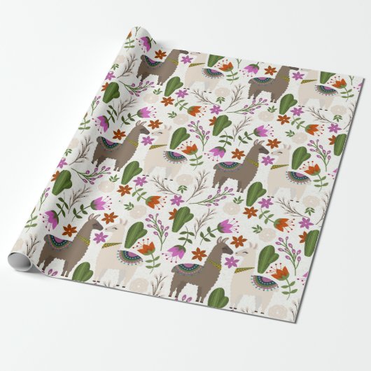 Llamas en Cactus on White Cadeaupapier (Uitgerold)