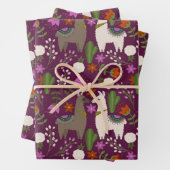 Llamas, Flowers en Cactus op Paars Inpakpapier Vel (In situ)