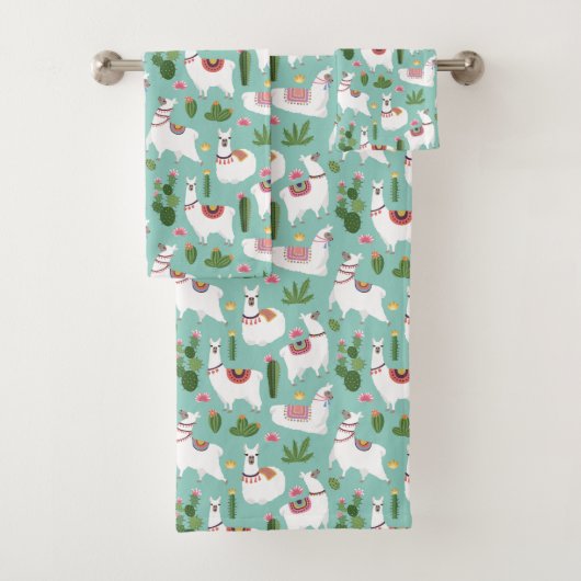 Llamas op Blauwgroen patroon bevestigen Bad Handdoek (Insitu)