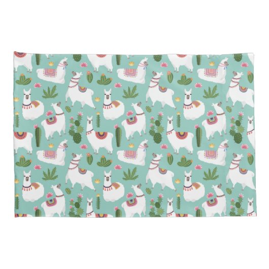 Llamas op Blauwgroen patroon bevestigen Kussensloop (Achterkant-Rechts)