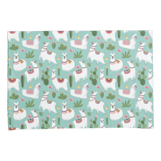 Llamas op Blauwgroen patroon bevestigen Kussensloop (Voorkant-Rechts)