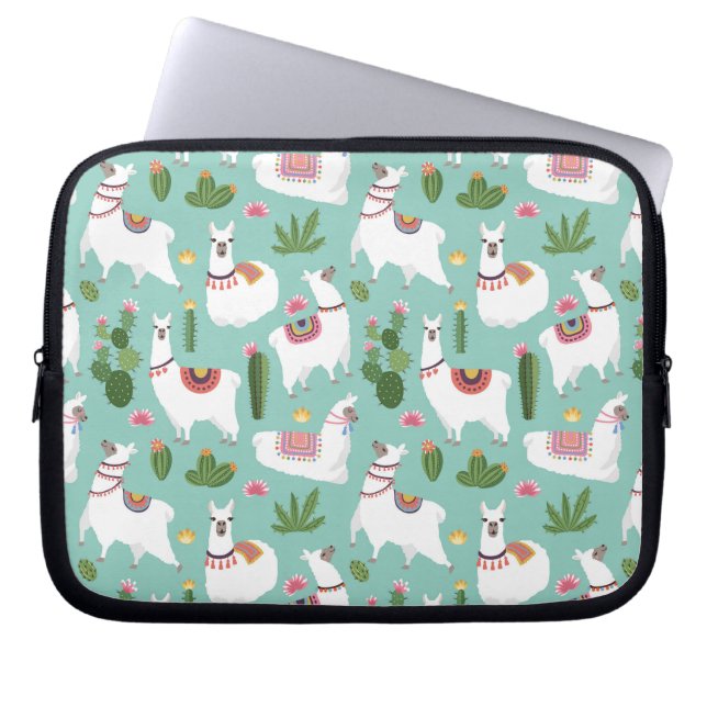 Llamas op Blauwgroen patroon bevestigen Laptop Sleeve (Voorkant)