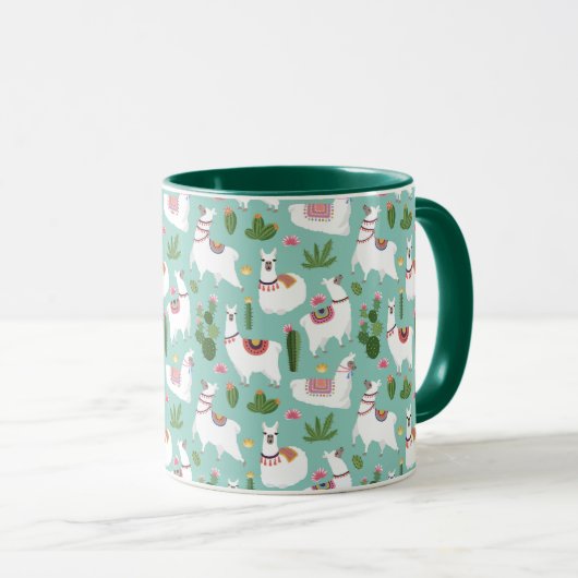 Llamas op Blauwgroen patroon bevestigen Mok (Voorkant rechts)