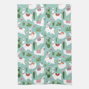 Llamas op Blauwgroen patroon bevestigen Theedoek